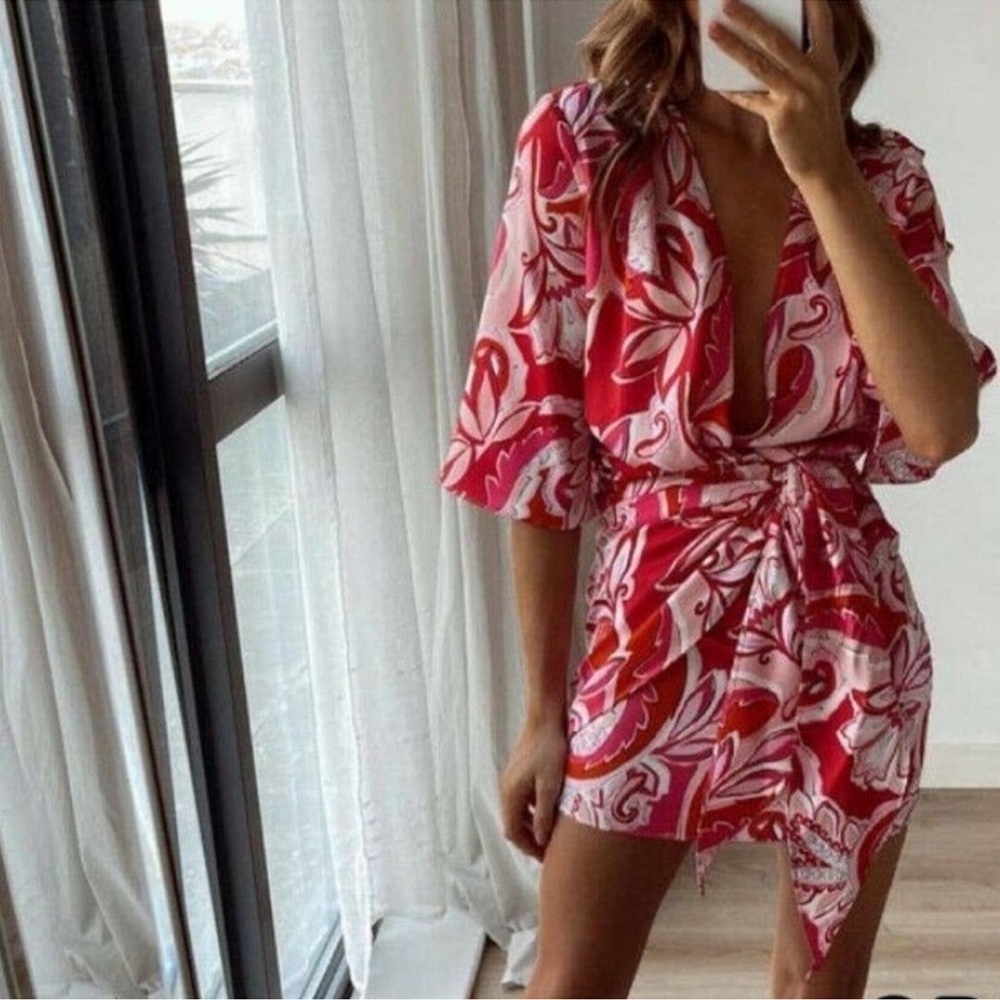 Zara Red & Pink Printed Mini Wrap Dress
